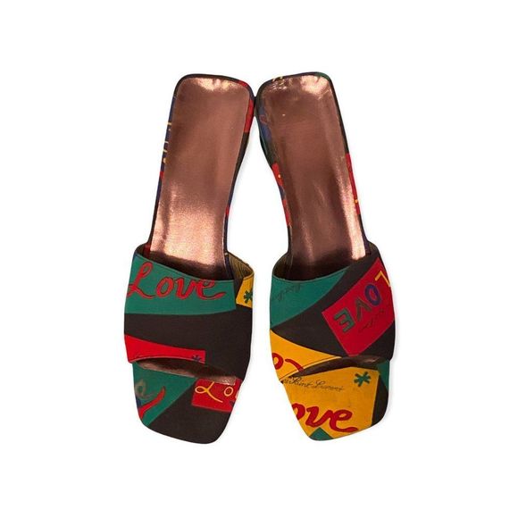 Vintage Yves Saint Laurent 1970 Love Letter Print Slide Sandals, Size 8.5 - Picture 2 of 5